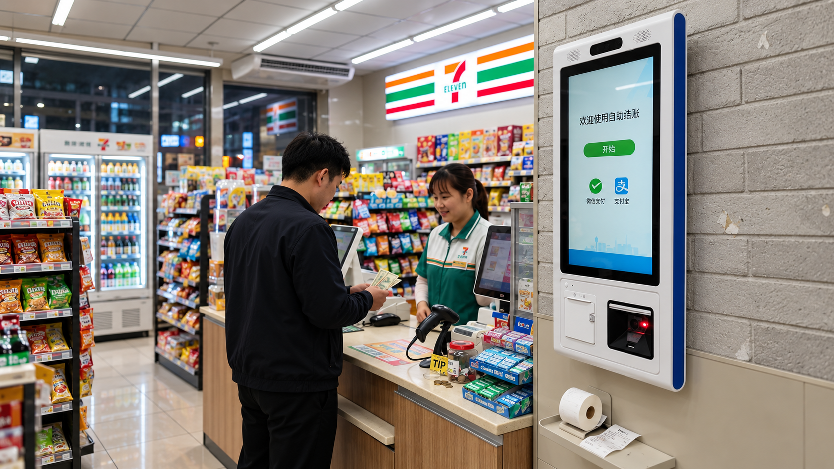 便利店顾客使用自助收银设备结账的现场